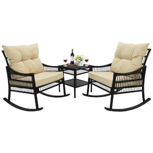 3-Piece Patio Wicker Outdoor Rocking Chair Set with Beige Cushions and Pillows