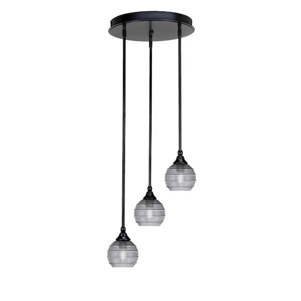 Unbranded Villa 60-Watt in. 3 Light Matte Black Stem Pendant Light with 6 in. Smoke Ribbed Glass Shade, No bulbs included
