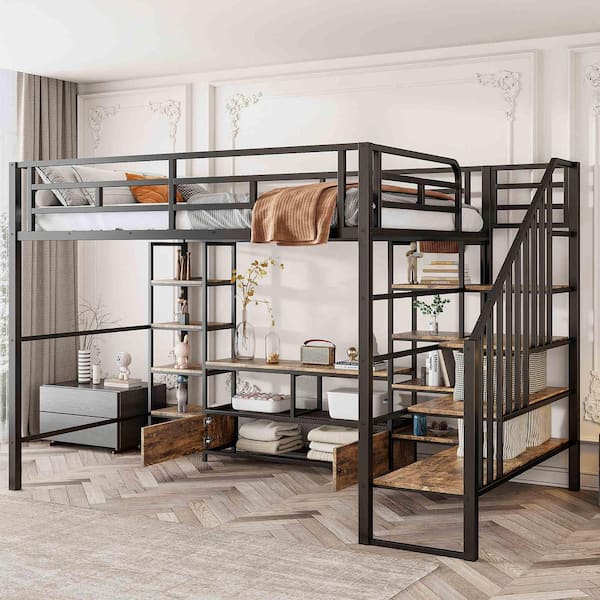 Black Full Size Loft Bed with Staircase, Low Storage Table and Storage Shelves