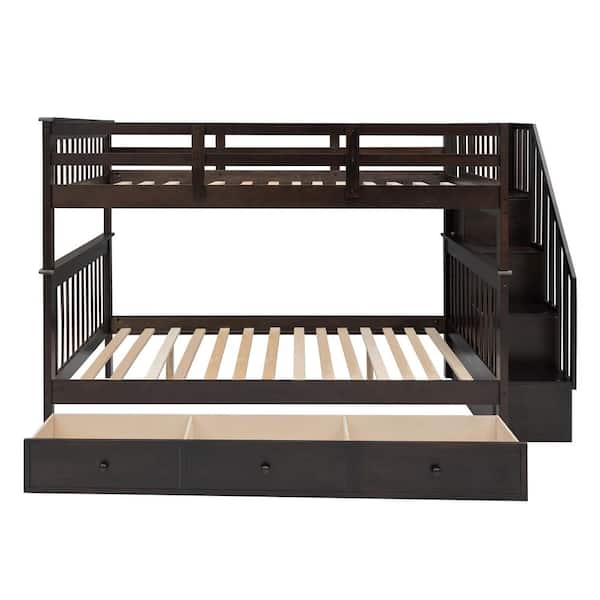 ANBAZAR Espresso Full Over Full Stairway Bunk Bed with 3 Drawers and Bookshelves, Wood Kids Bunk Bed Frame with Staircases