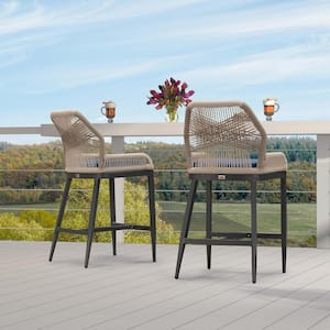 Modern Aluminum Twill Wicker Woven Bar Height Outdoor Bar Stool with Back and Sunbrella Navy Blue Cushion (2-Pack)