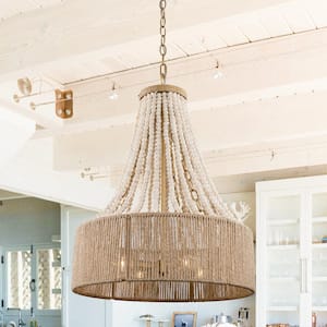 Farmhouse 17.7 in. 4-Light Antique Gold Empire Wood Beaded Chandelier with Jute Rope Shade