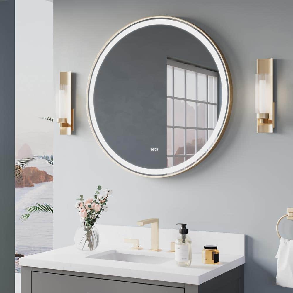 32 in. W x 32 in. H Round Framed Wall Anti-Fog Bathroom Mirror with Lights 
