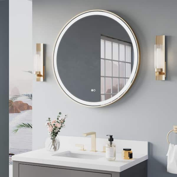 32 in. W x 32 in. H Round Framed Wall Anti-Fog Bathroom Mirror with Lights in Gold