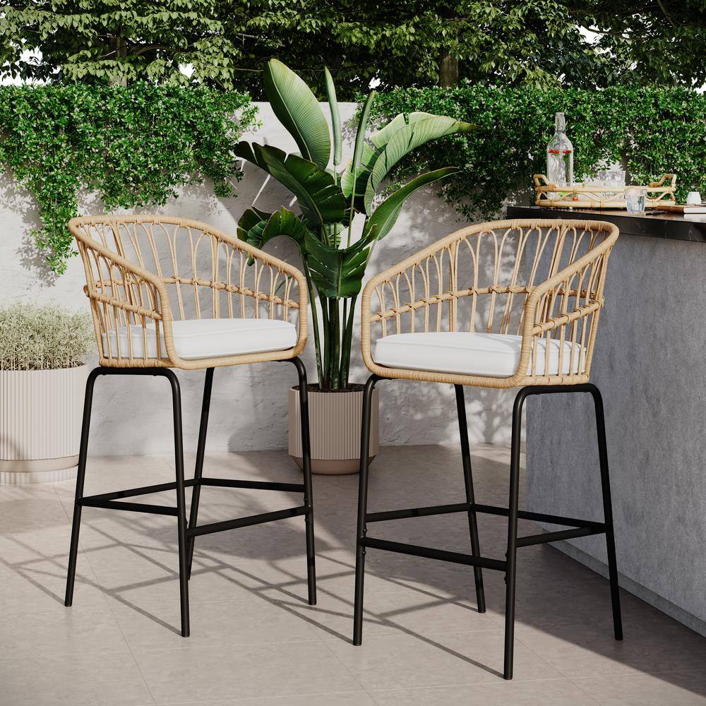 HAVEN WAY Hana Resin Wicker Outdoor Bar Stool Chairs Set of 2 with