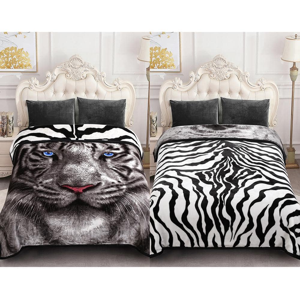 JML Black White Tiger 83 in. x 91 in. Reversible Printed Polyester