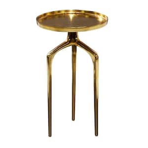 13 in. Gold Tray Inspired Top Large Round Aluminum End Accent Table with 3 Tripod Legs