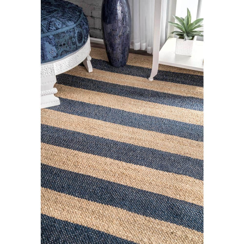 Denim and Tan Striped 4' x 6' Jute and Cotton Flatweave Rug