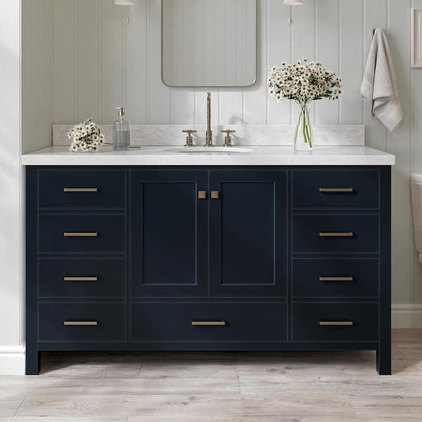 ARIEL Cambridge 61 in. W x 22 in. D Vanity in Midnight Blue with Carrara White Marble Top