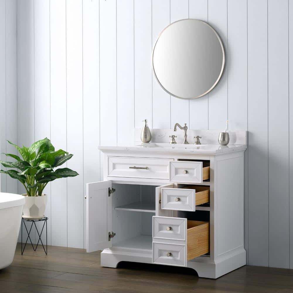 Thompson 36" White Freestanding Bathroom Vanity with Carrara Countertop