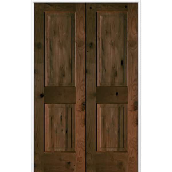 48 in. x 80 in Rustic Knotty Alder 2-Panel Universal Solid Core BEHR Espresso Stain Wood Double Prehung Interior Door