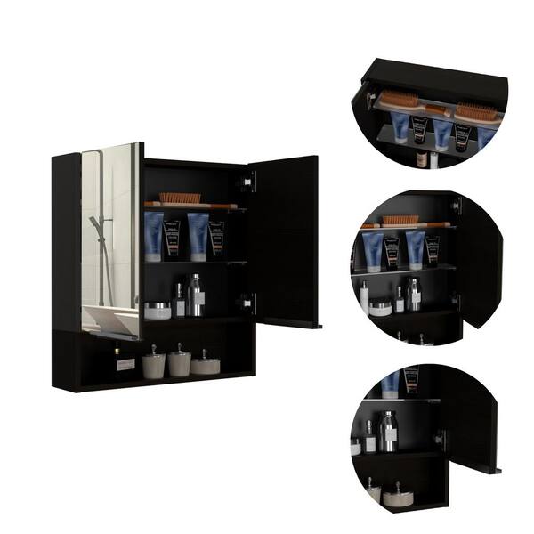 Zeus & Ruta Beige 23.6 in. W x 24.6 in. H Rectangular Particle Board Mirror Medicine Cabinet with Mirror Surface Mount Double Door