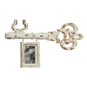 4 in. x 6 in. Decorative Antique Key and Hanging Picture Frame Wall Decor with Distressed White Finish