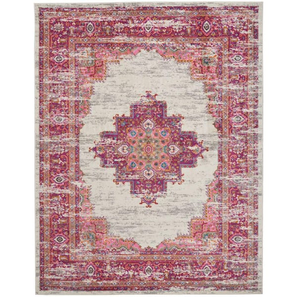 Nourison Passion Ivory/Fuchsia 7 ft. x 10 ft. Persian Vintage Area Rug