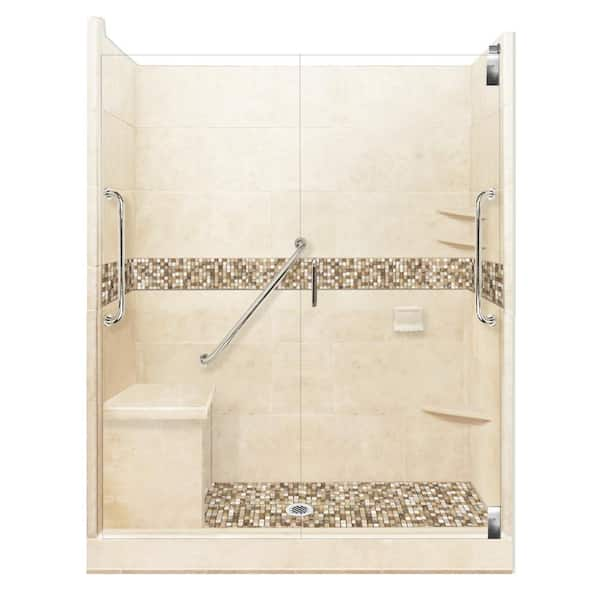 Ella Basic 37 in. x 48 in. x 80 in. AcrylX 1-Piece Low Threshold Shower Wall and Shower Pan in White, Center Drain, LHS Seat