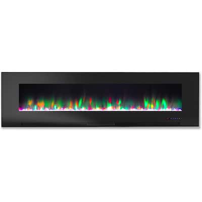 60 in. Wall-Mount Electric Fireplace in Black with Multi-Color Flames and Crystal Rock Display