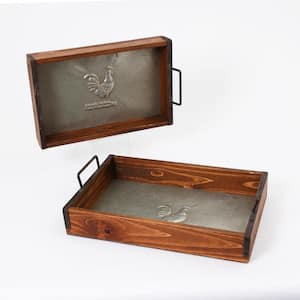 Brown Wood Trays with Metal Accents (Set of 2)