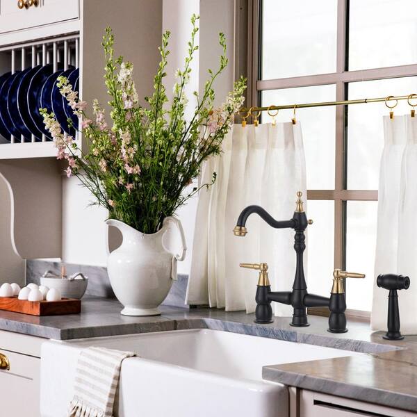 Solid Brass 4 Hole Double Handle Bridge Kitchen Faucet with Side Sprayer Deck Mount in Black and Gold