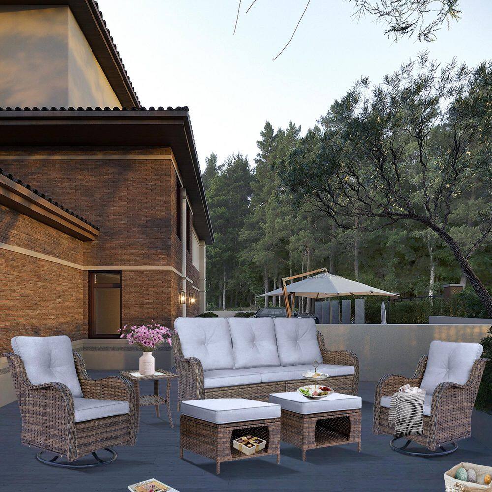 Brown 6-Piece Wicker Outdoor Patio Conversation Seating Sofa Set with Gray Cushions and Swivel Rocking Chairs price history on PriceWatchPro