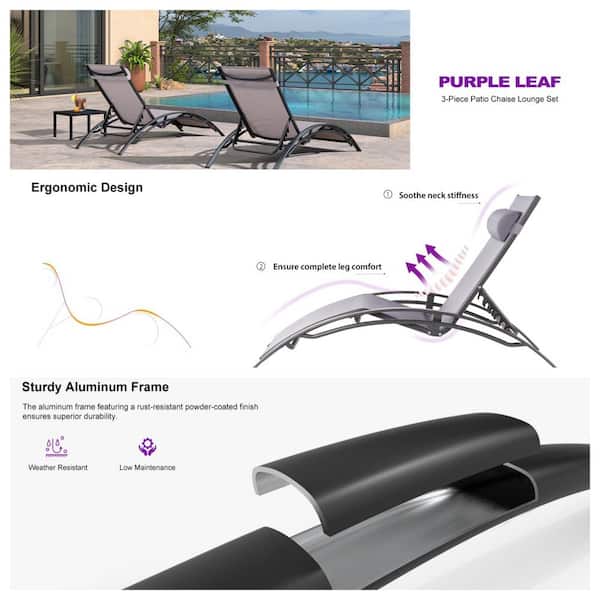 Patio Chaise Lounge Set Outdoor Beach Pool Sunbathing Lawn Lounger Recliner Chair Side Table Included