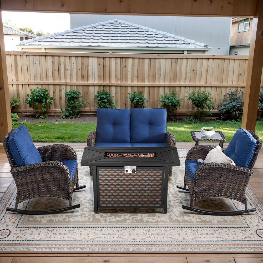 Brown 5-Piece Wicker Patio Fire Pit Set, Outdoor Glider Seating Set with Olefin Navy Blue Cushions and Rocking Chairs price history on PriceWatchPro