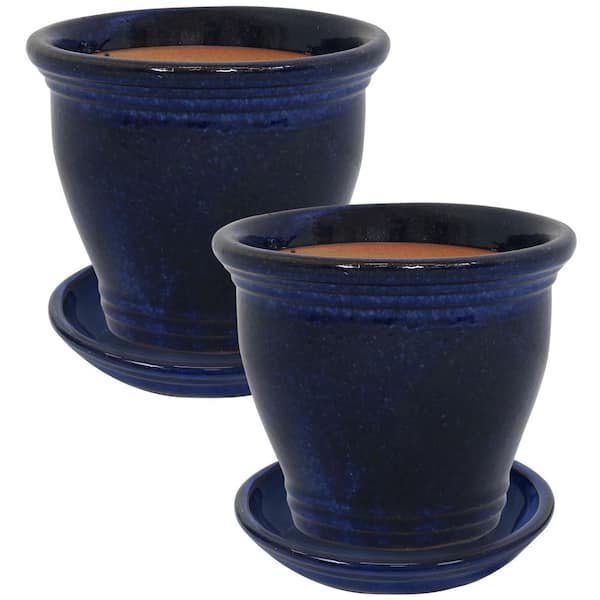 11 in. Round Studio Planters with Saucers-Imperial Blue