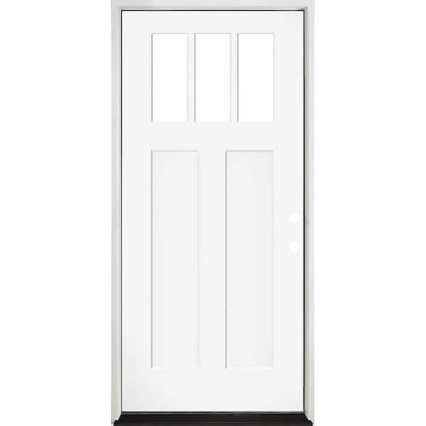 36 in. x 80 in. Legacy 3 Lite Toplite Clear Glass Left Hand Inswing White Primed Fiberglass Prehung Front Door