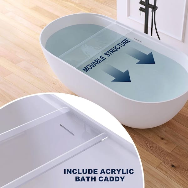 59 in. x 29.5 in. Stone Resin Solid Surface Flatbottom Freestanding Soaking Bathtub in White with Acrylic Bath Caddy