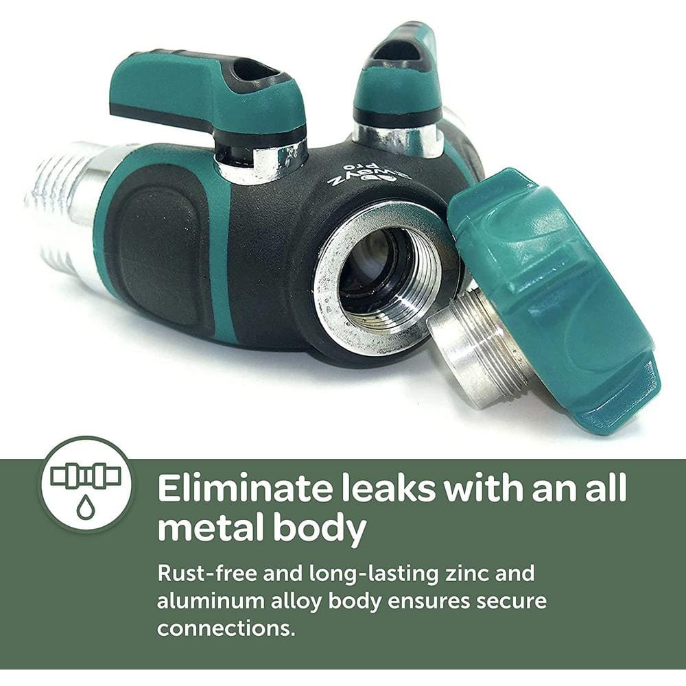 Green Metal Body 2-Way Garden Hose Splitter with Shut Off Valve