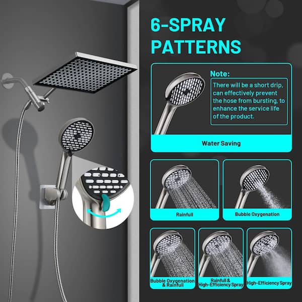 Rainfall Shower Head Combo 6-Spray 12 in. Wall Mount Dual Shower Heads and Handheld Shower Head with 1.8 GPM in Nickel