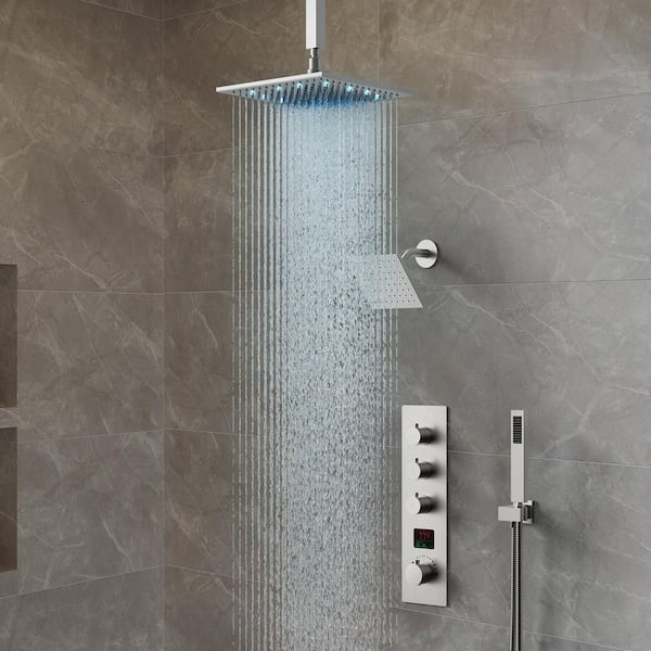 7-Spray Patterns with 12 in. Ceiling Mounted Massage Fixed Shower Head with LED in Brushed Nickel
