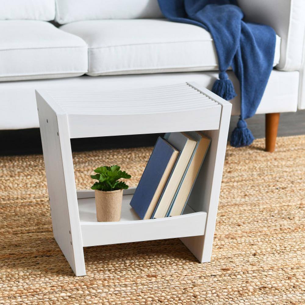 White Solid Wood Footstool with Storage Shelf
