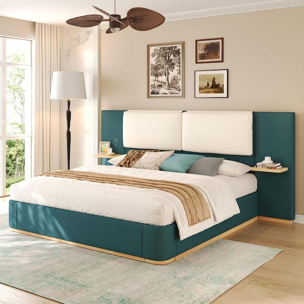 CHRISTOPHER KNIGHT HOME Malinta Modern Green Linen Fabric Upholstered Wood Frame King Size Platform Bed with Floating Panel Shelves