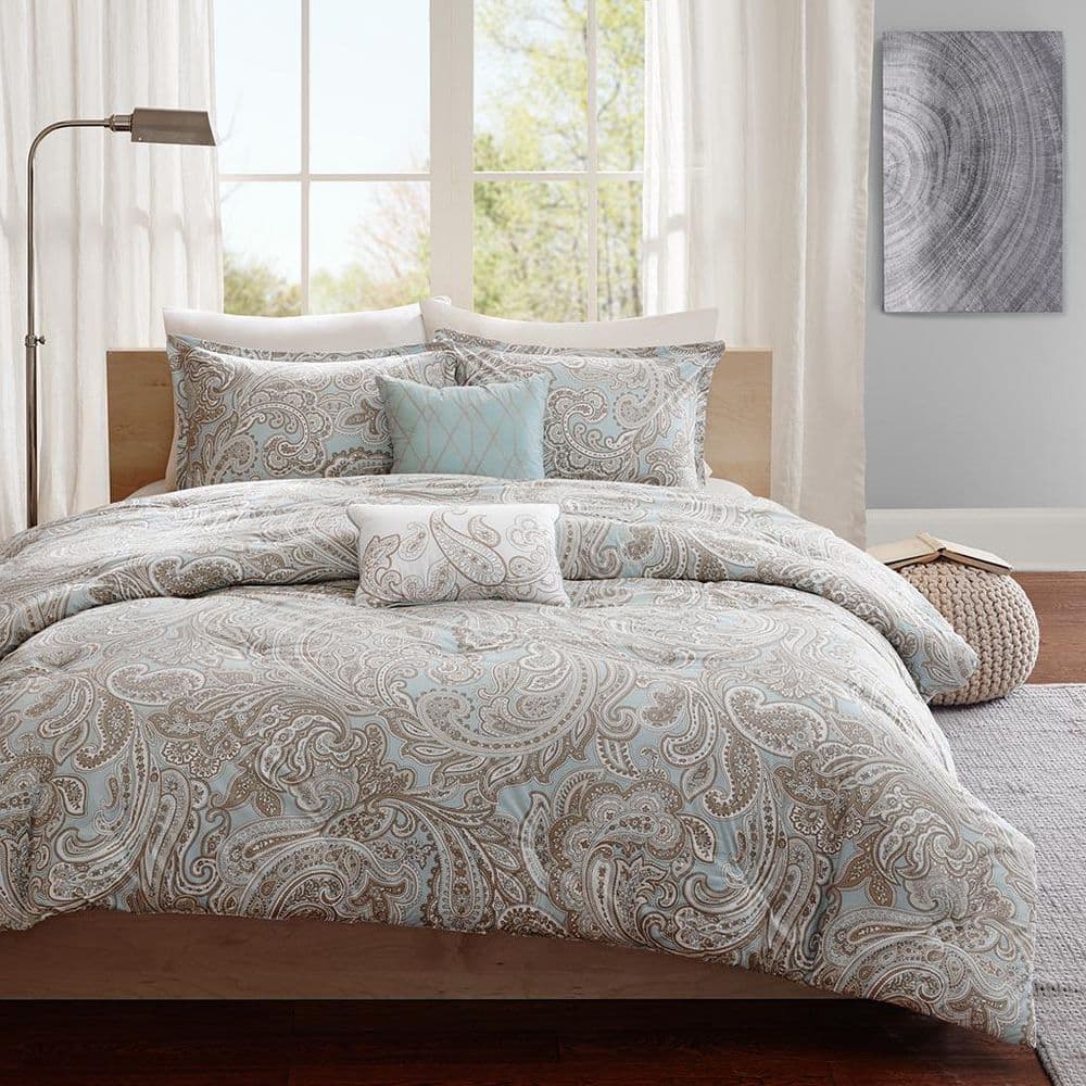 Organic Blue Cotton Full Bedspread Set with Gathered Embellishment