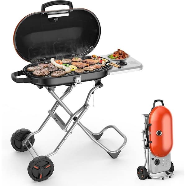 40 in. Standup Portable Propane Grill in Orange with Lid, Side Table And Two Wheels