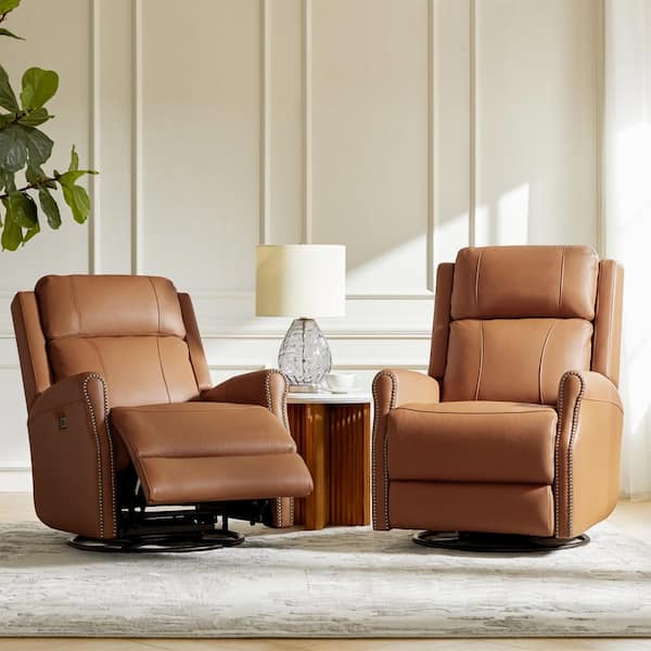 JAYDEN CREATION Javier Camel 29.25 in. W Mid-century Modern Leather Swivel Rocker Power Recliner (Set of 2)