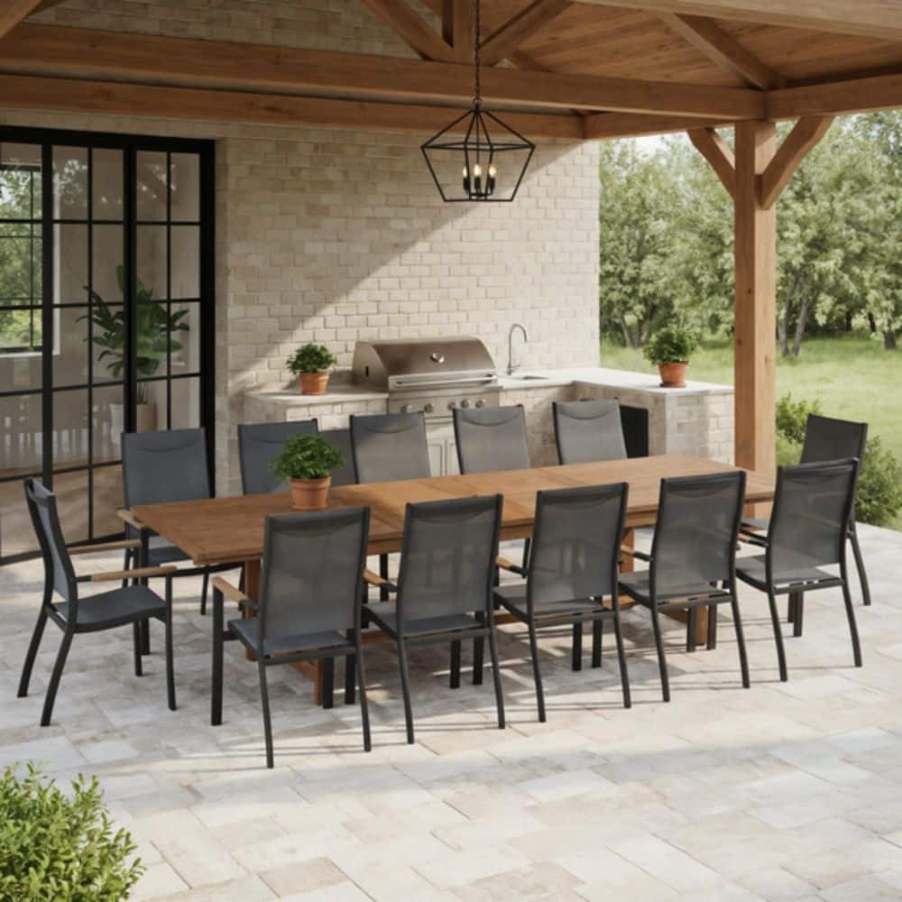 Oli 13-Piece Teak Finish Wood Outdoor Rectangular Extendable Dining Set