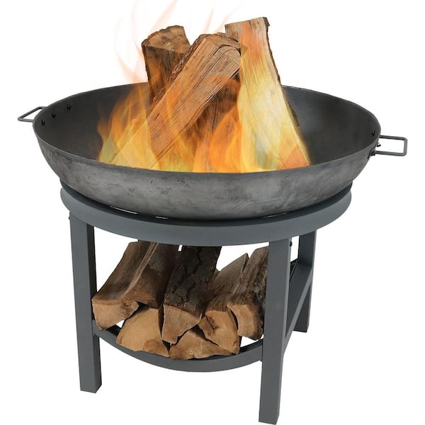 Sunnydaze 35 in. W x 24 in. H Round Cast-Iron Wood Burning Fire Pit with Built-in Log Rack