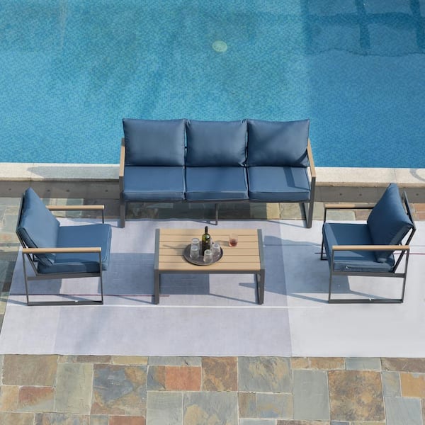 Zeus & Ruta 4-Piece Patio Furniture Black Aluminium Outdoor Conversation Sets with Blue Cushion and 1 Coffee Table