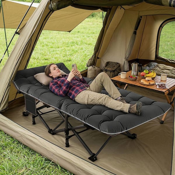 Oversize Folding Camping Cot,XL Sleeping Cot With Mattress, Carry Bag, Black