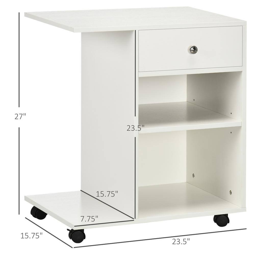 White Particleboard Mobile Printer Stand with Adjustable Shelf and Drawer