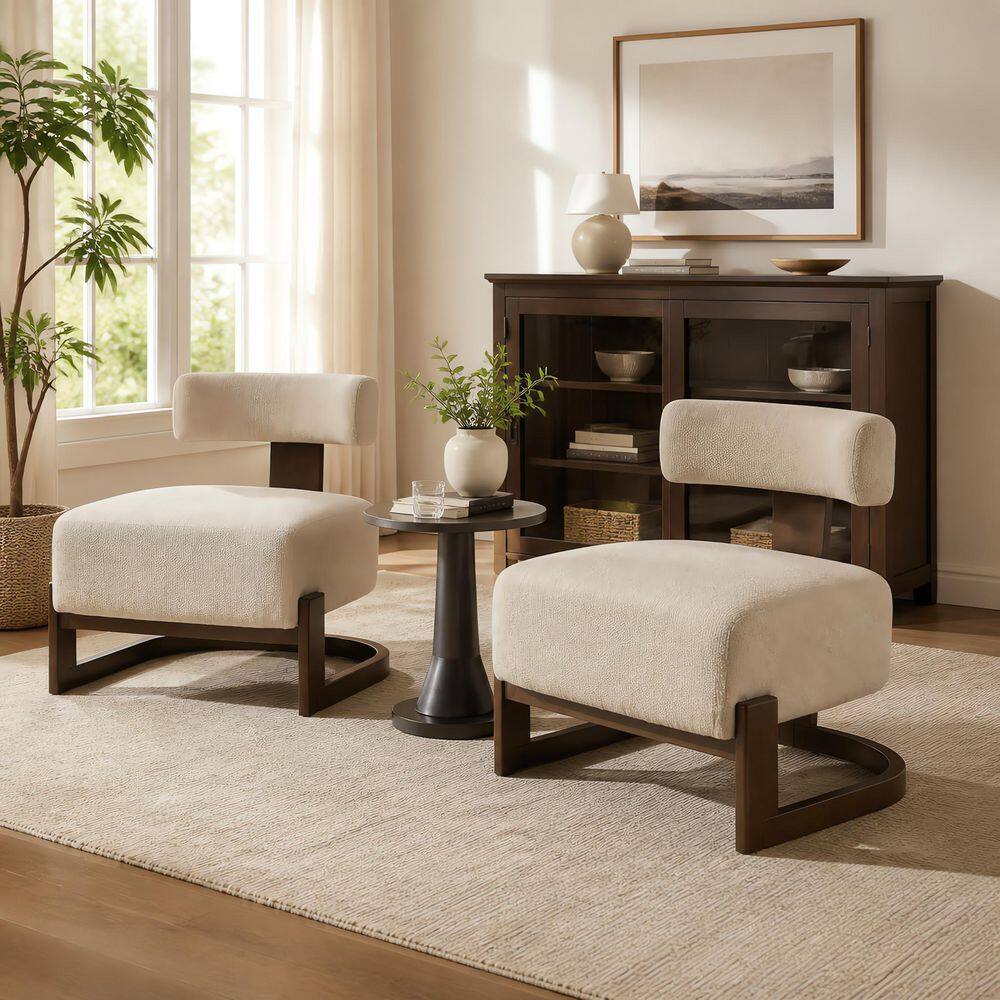 Modern Beige Chenille Upholstered Side Chair with Cylindrical Roll Back Cushion, Set of 2, Oatmeal