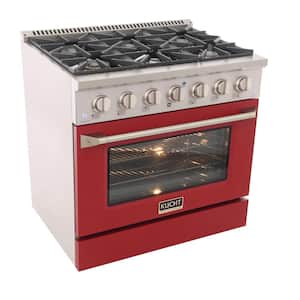 Pro-Style 36 in. 5.2 cu. ft. Natural Gas Range with Convection Oven in Stainless Steel and Red Oven Door