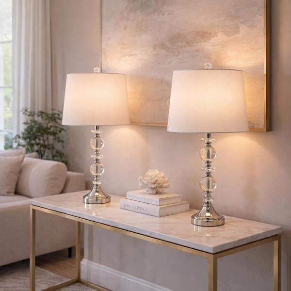26 in. Silver Crystal Table Lamp Set and White Shade (Set of 2)