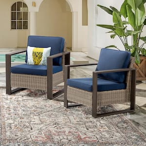 2-Piece Patio Wicker Outdoor Lounge Chair with Metal Frame and Dark Blue Cushions