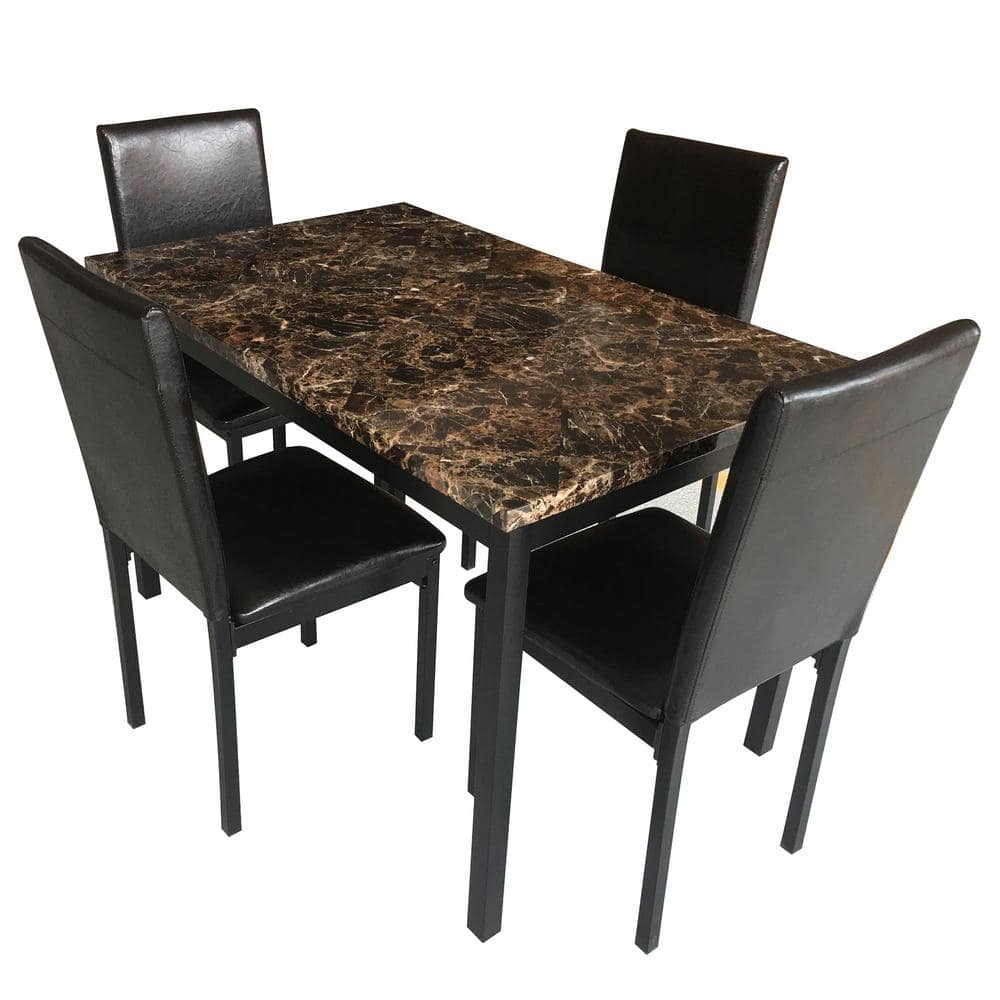 Black 5-Piece Metal Dinette Set with Faux Marble Top, Furniture Dining Tabl