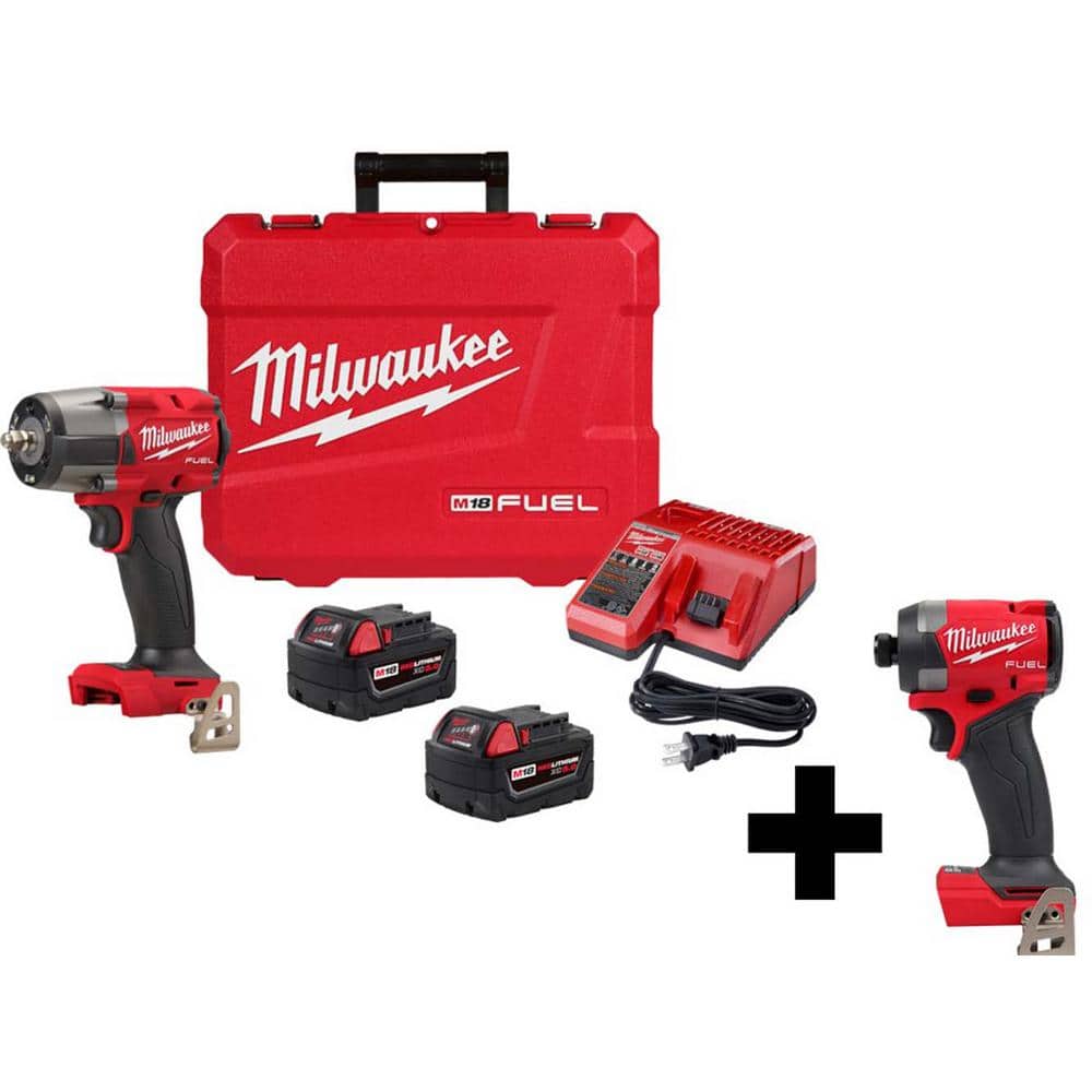 Milwaukee M18 FUEL GEN-2 18V Lithium-Ion Mid Torque Brushless Cordless 3/8 in. Impact Wrench FR Kit with 1/4 in. Hex Impact Driver -  2960-22-2