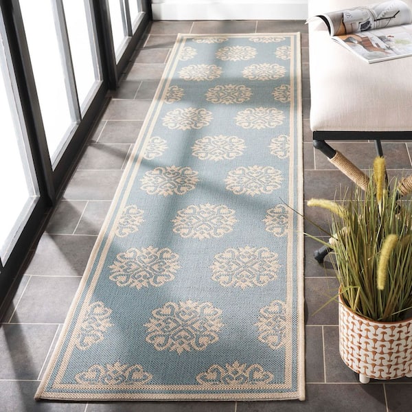 Linden Aqua/Cream 2 ft. x 8 ft. Border Multi-Florals Indoor/Outdoor Runner Rug
