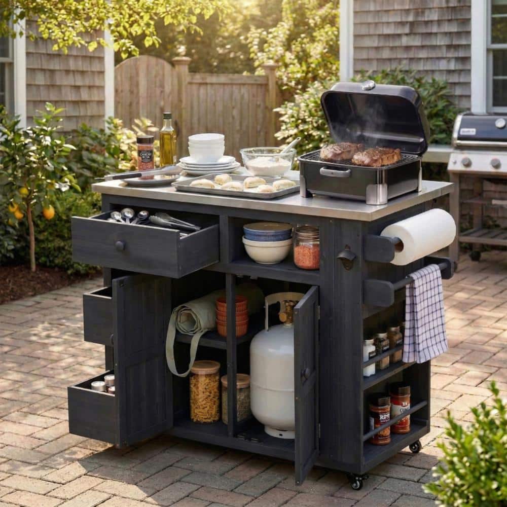 41.9 in. W x 28 in. D Outdoor Kitchen Island, Black Solid Wood Extendable Grill Cart with Stainless Steel Top price history on PriceWatchPro