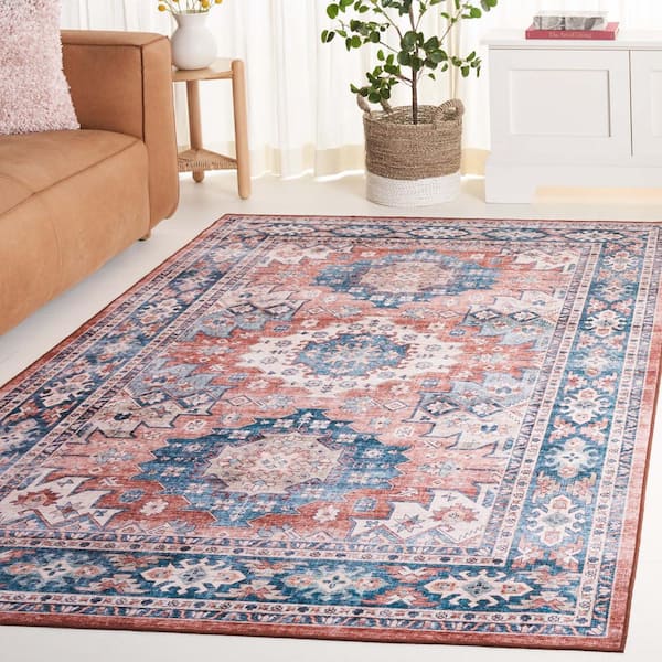 Arizona Blue/Rust 8 ft. x 10 ft. Distressed Border Ornate Machine Washable Area Rug